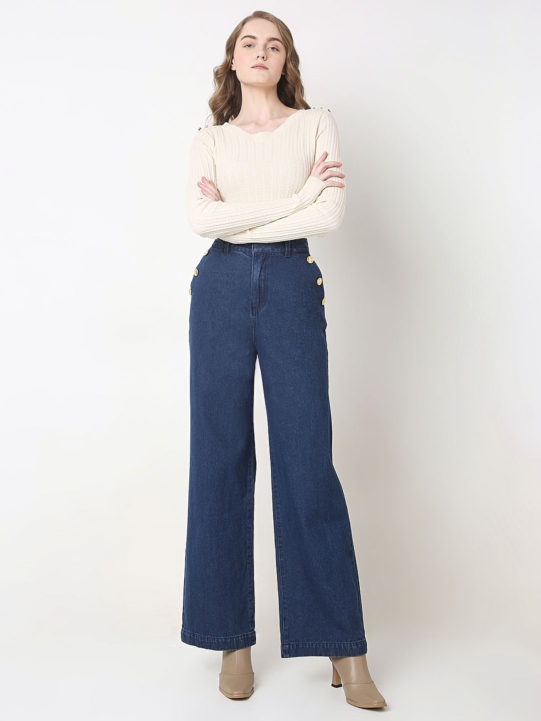 Dark Blue High Rise Wide Leg Jeans