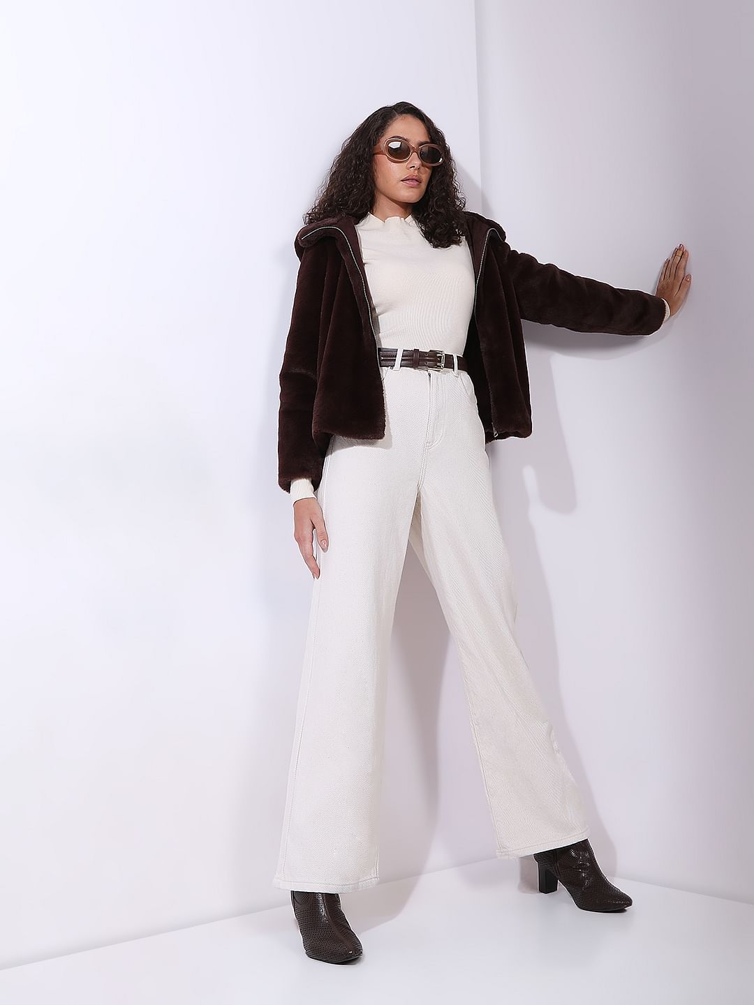 Ecru High Rise Wide Leg Jeans