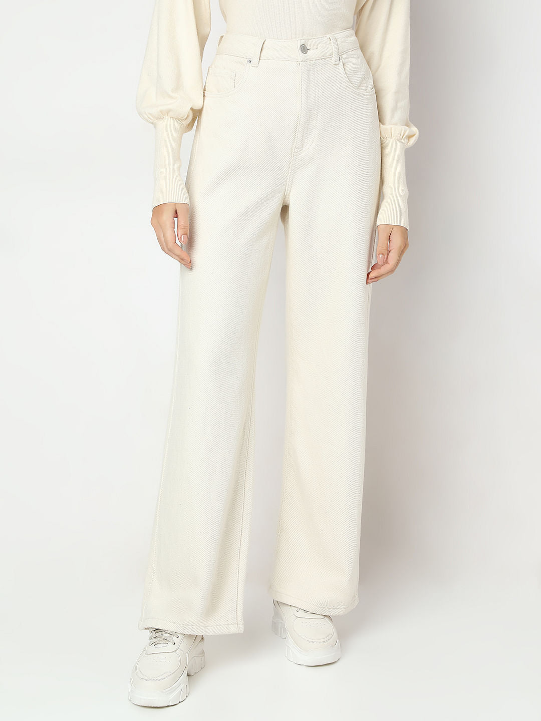 Ecru High Rise Wide Leg Jeans