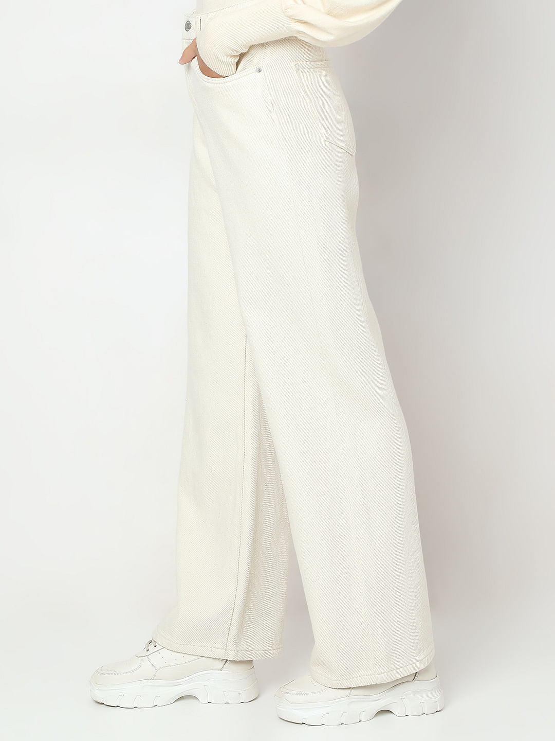 Ecru High Rise Wide Leg Jeans