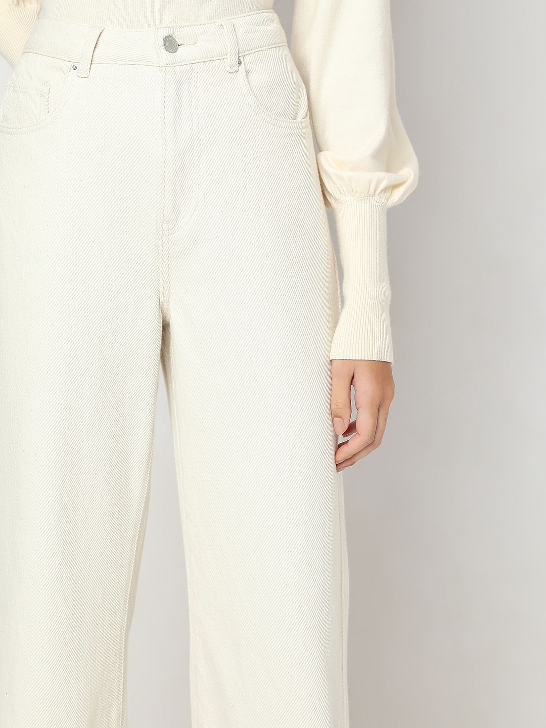 Ecru High Rise Wide Leg Jeans