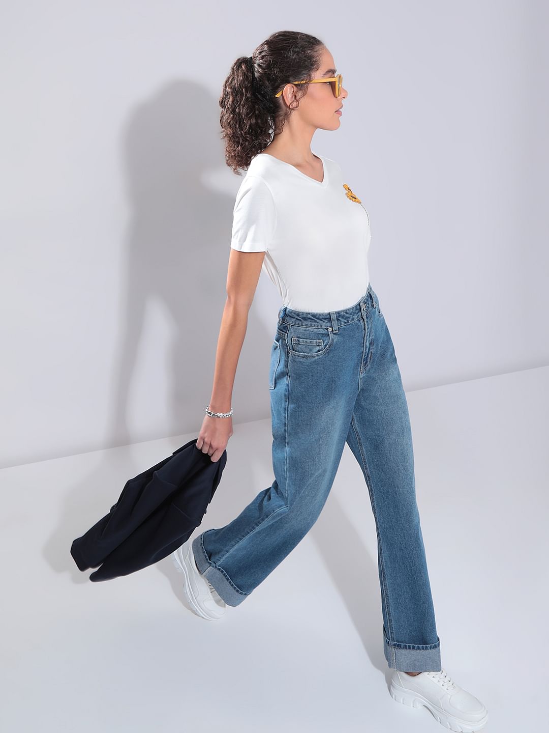 Blue Fold Up Hem Wide Leg Jeans