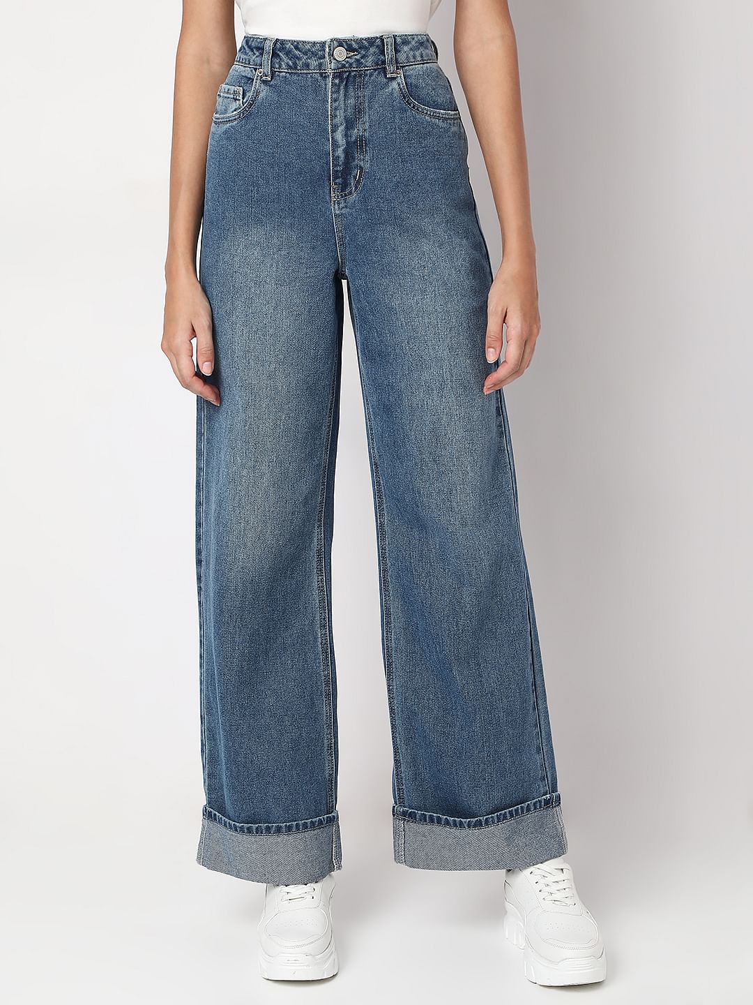 Blue Fold Up Hem Wide Leg Jeans
