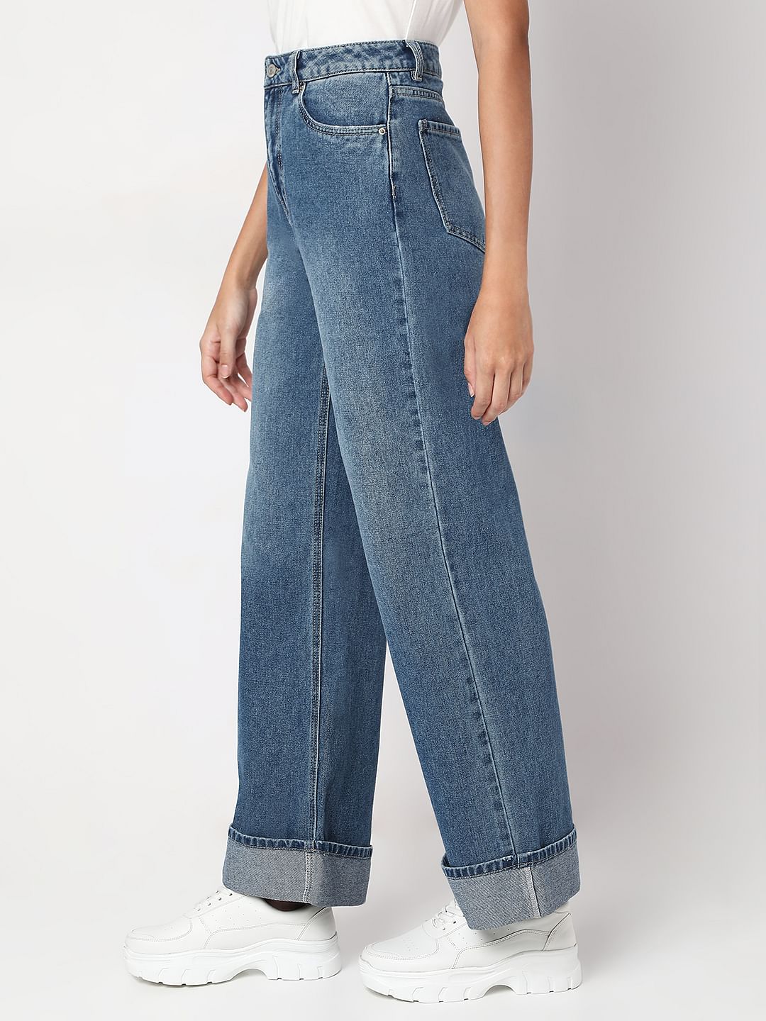 Blue Fold Up Hem Wide Leg Jeans
