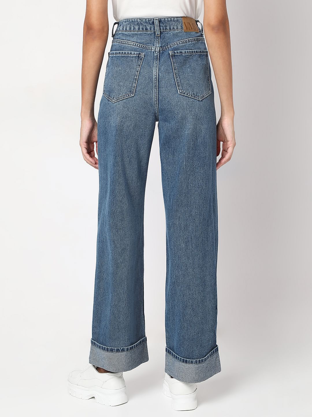 Blue Fold Up Hem Wide Leg Jeans