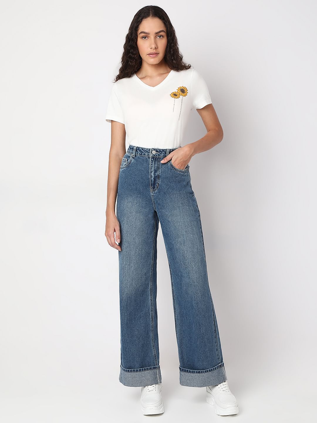 Blue Fold Up Hem Wide Leg Jeans