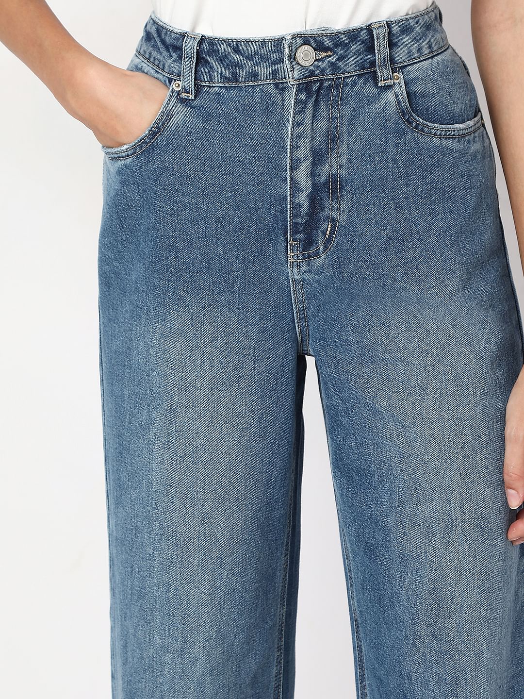 Blue Fold Up Hem Wide Leg Jeans