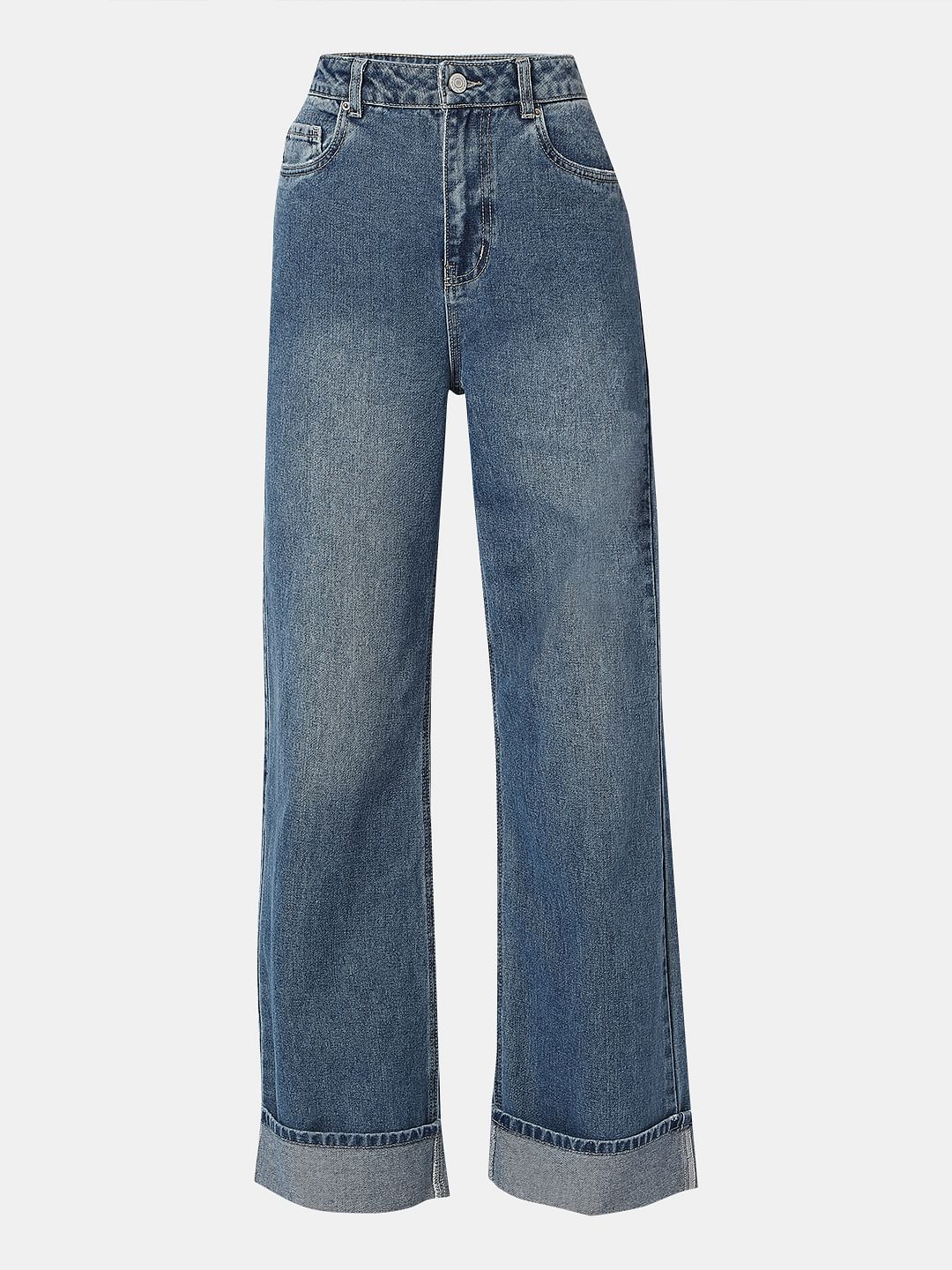 Blue Fold Up Hem Wide Leg Jeans