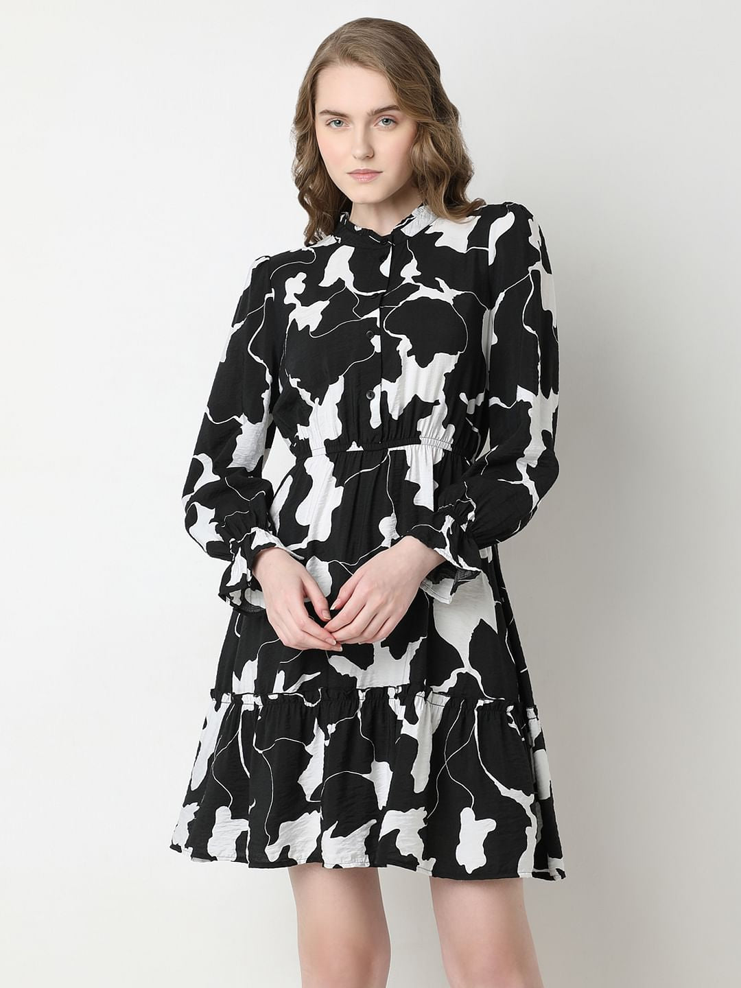 Black Abstract Print Frill Short Dress