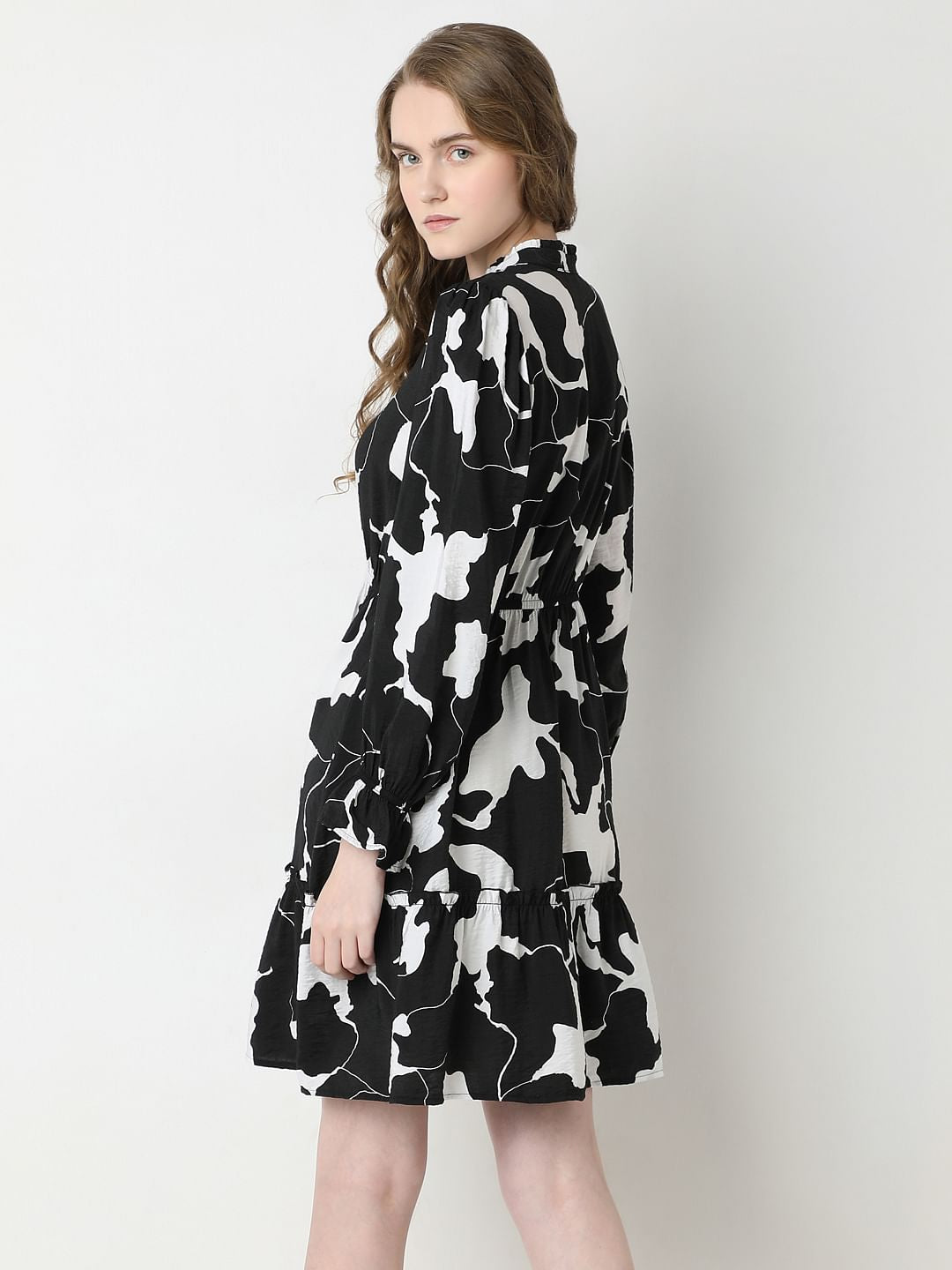 Black Abstract Print Frill Short Dress