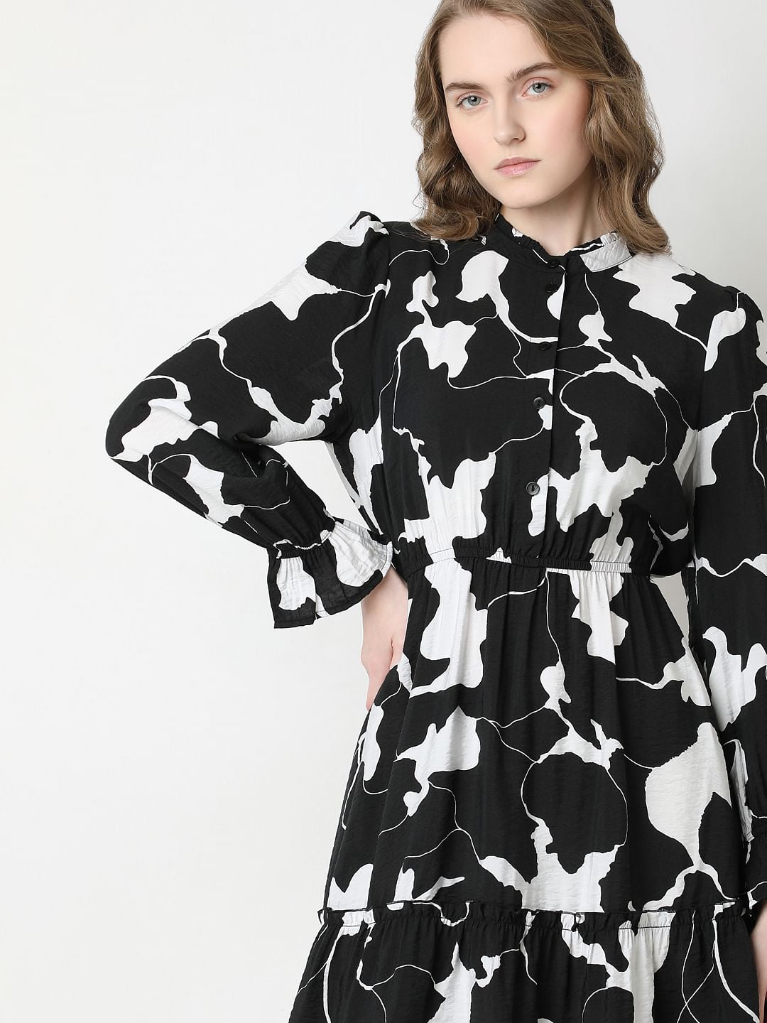 Black Abstract Print Frill Short Dress