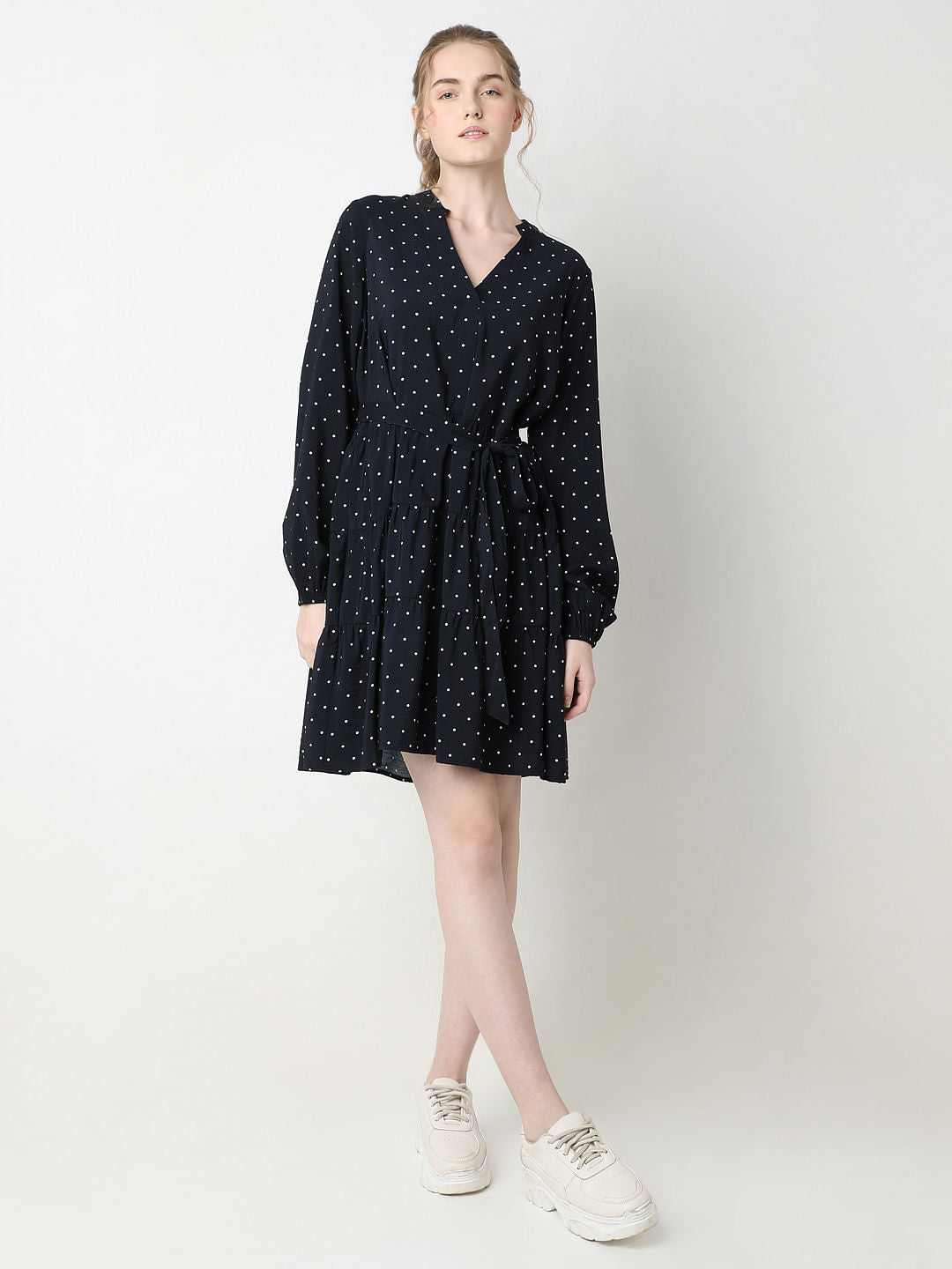 Navy Blue Polka Dot Tiered Dress
