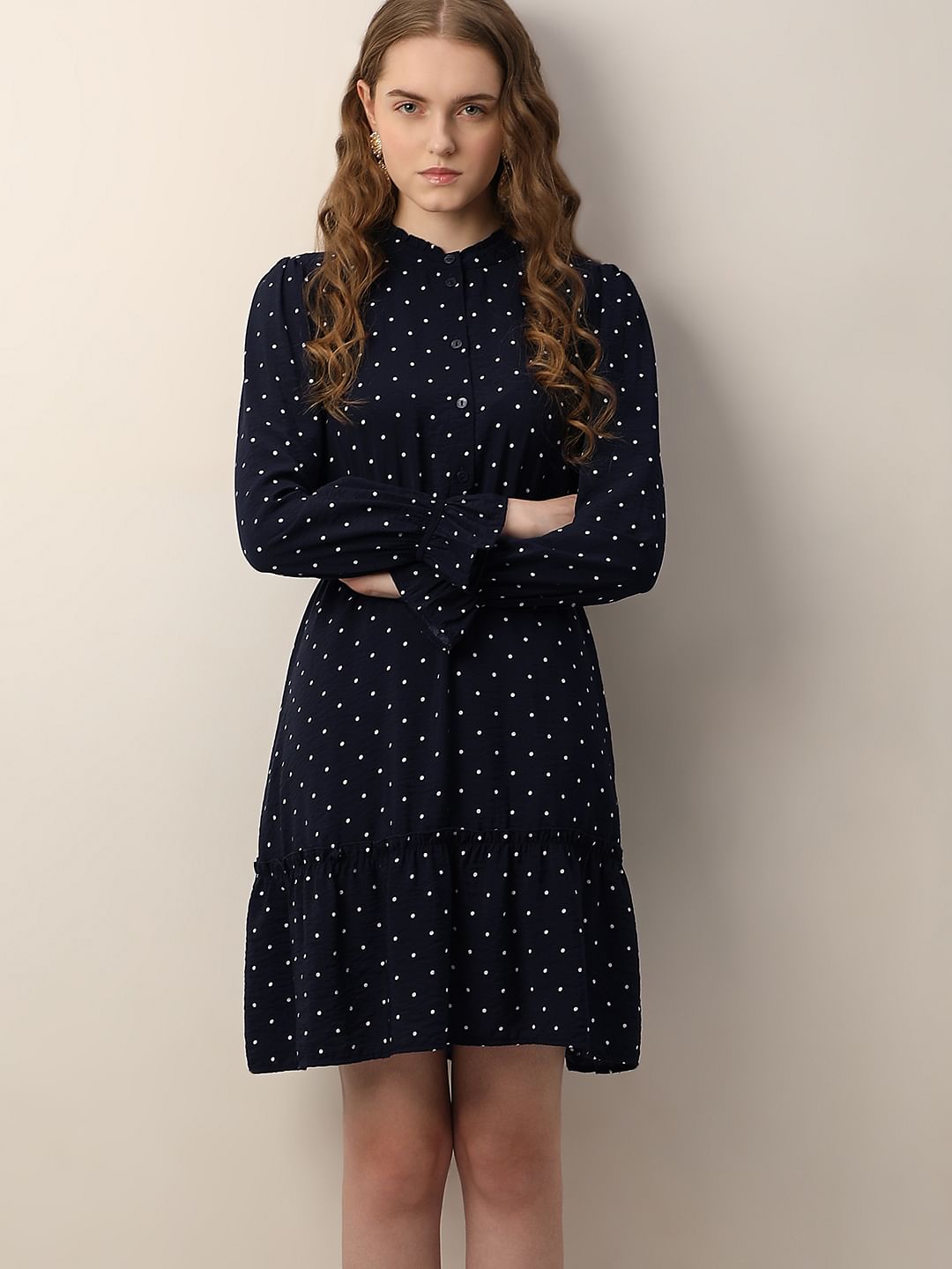 Navy Blue Polka Dot Fit & Flare Dress