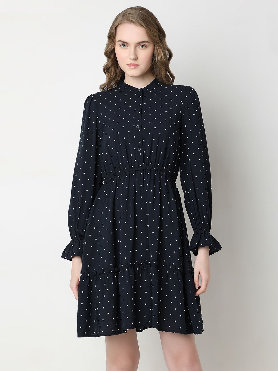 Navy Blue Polka Dot Fit & Flare Dress
