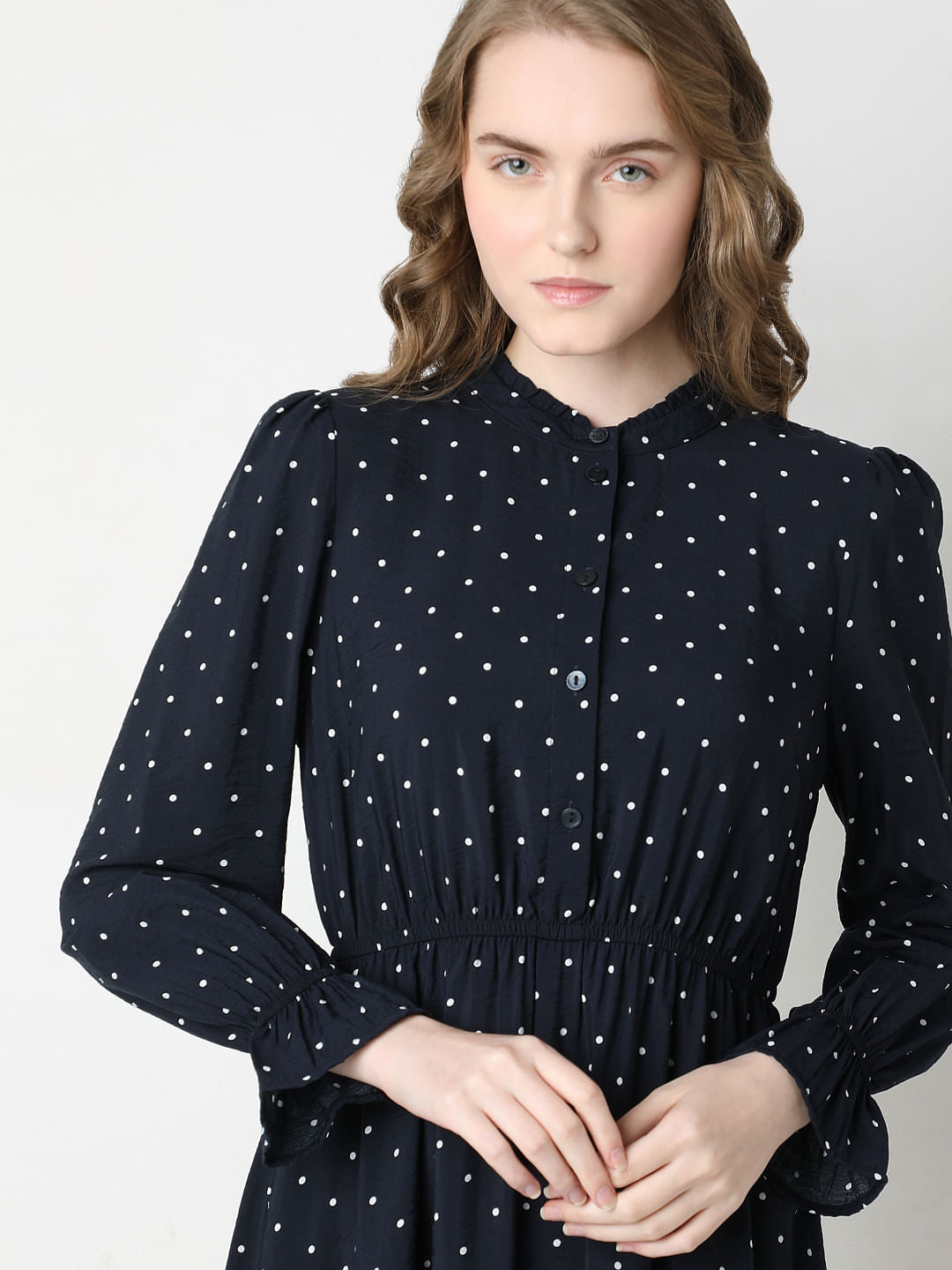 Navy Blue Polka Dot Fit & Flare Dress