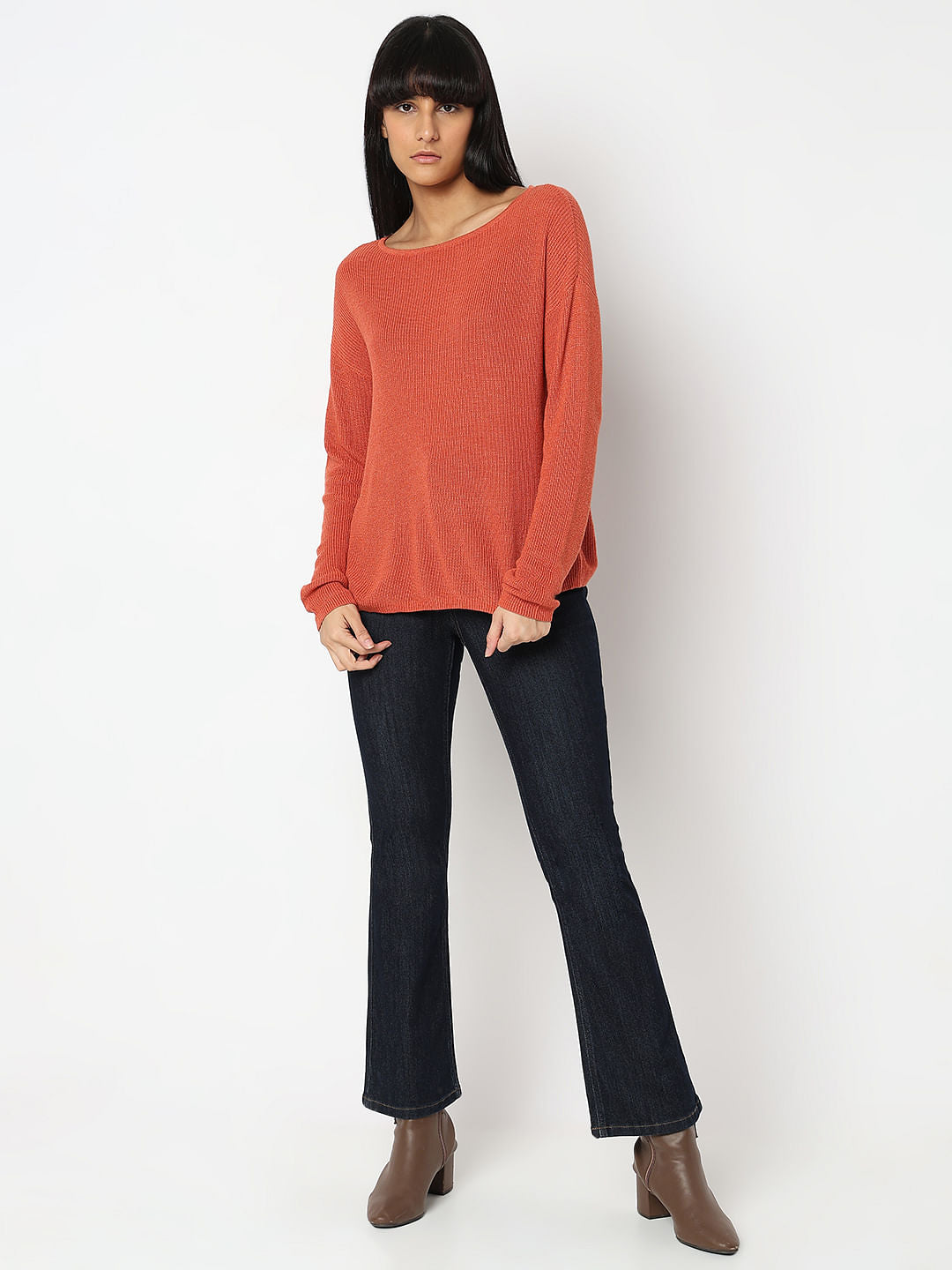 Red Boatneck Long Sleeve Pullover