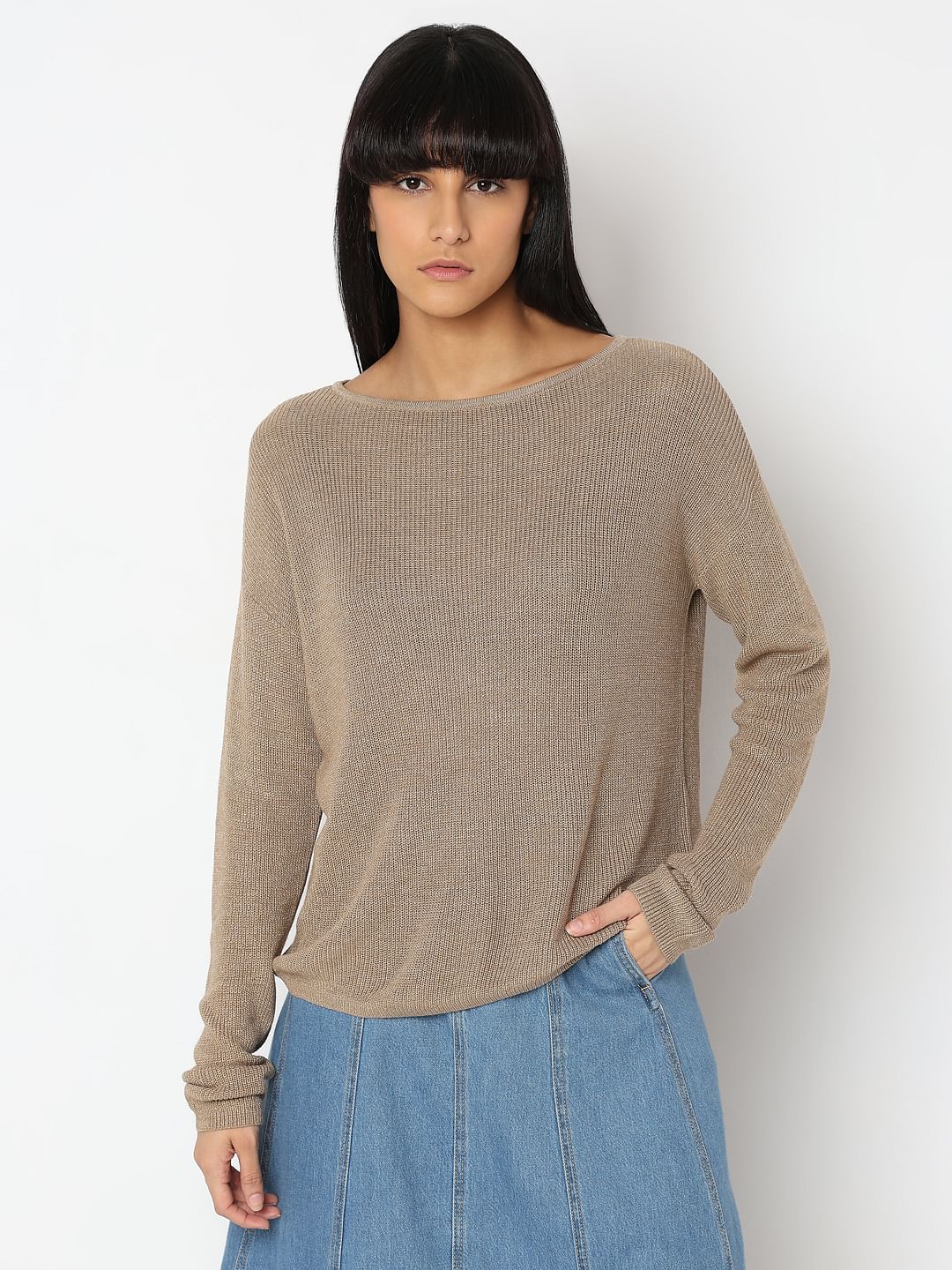 Beige Boatneck Pullover