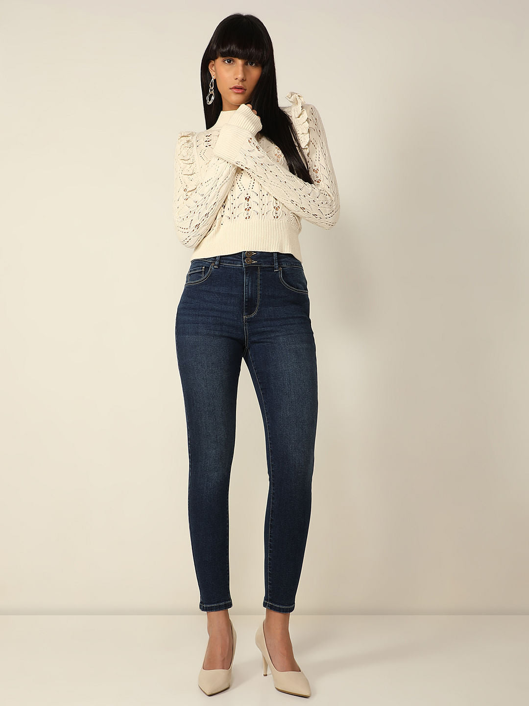 Blue High Rise Double Button Slim Jeans