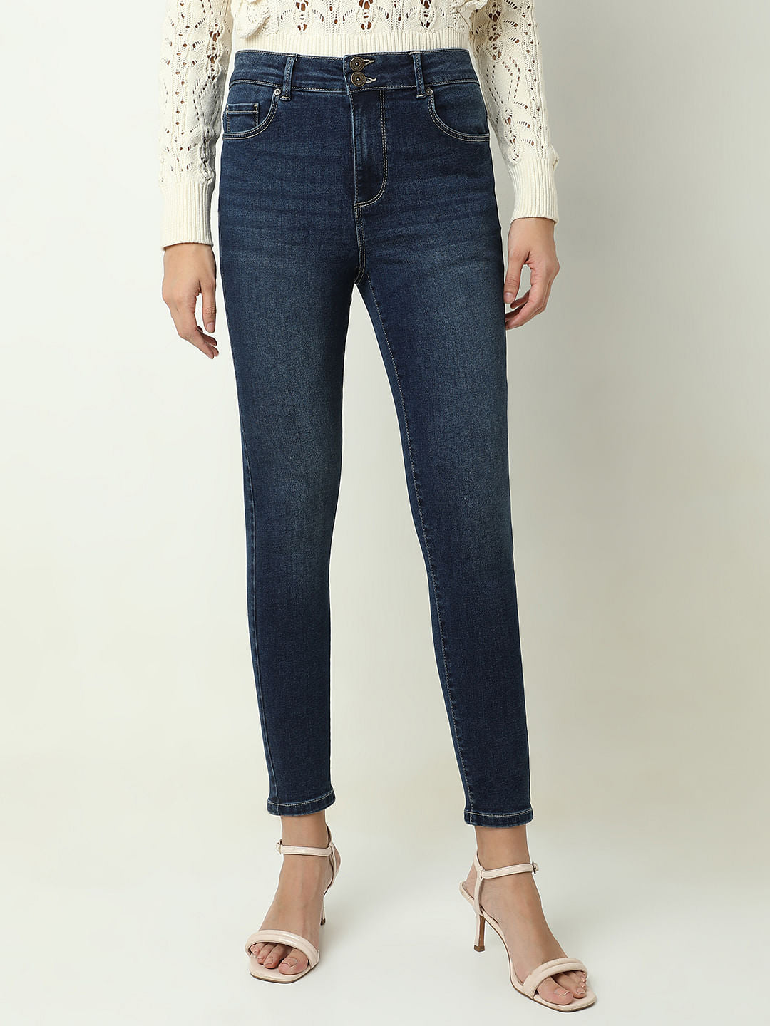 Blue High Rise Double Button Slim Jeans