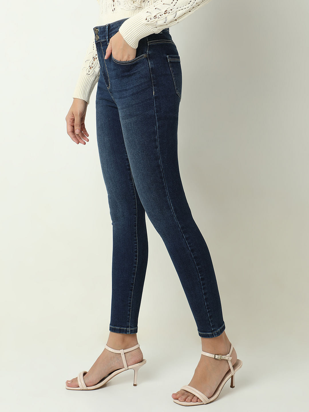Blue High Rise Double Button Slim Jeans