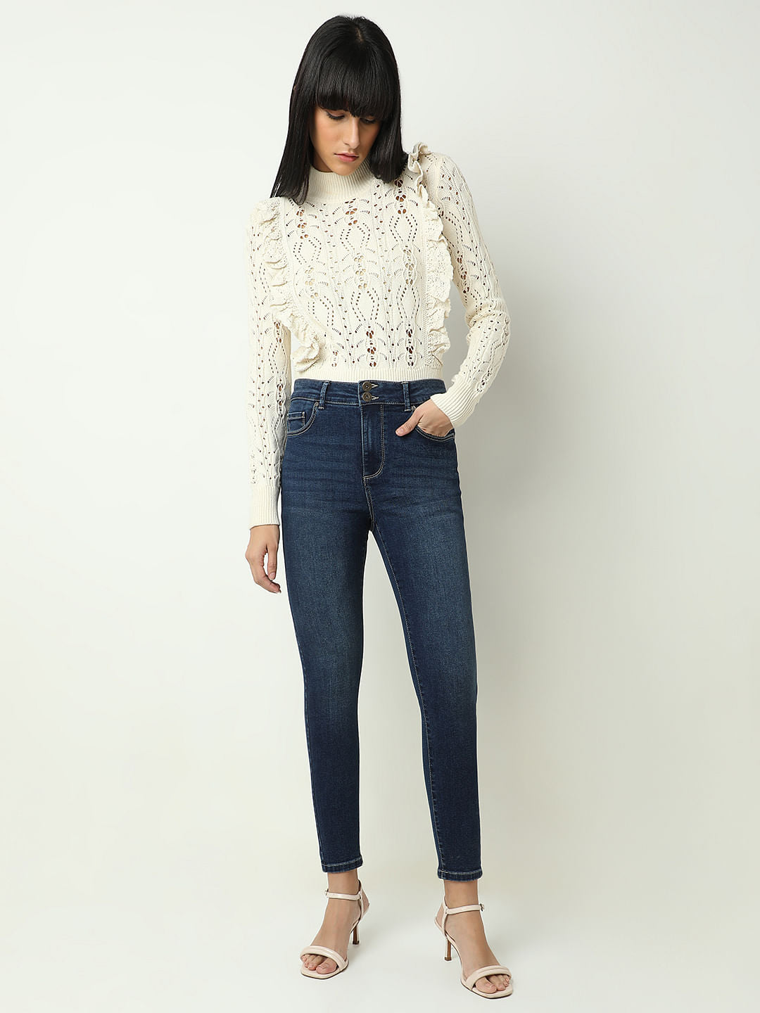 Blue High Rise Double Button Slim Jeans