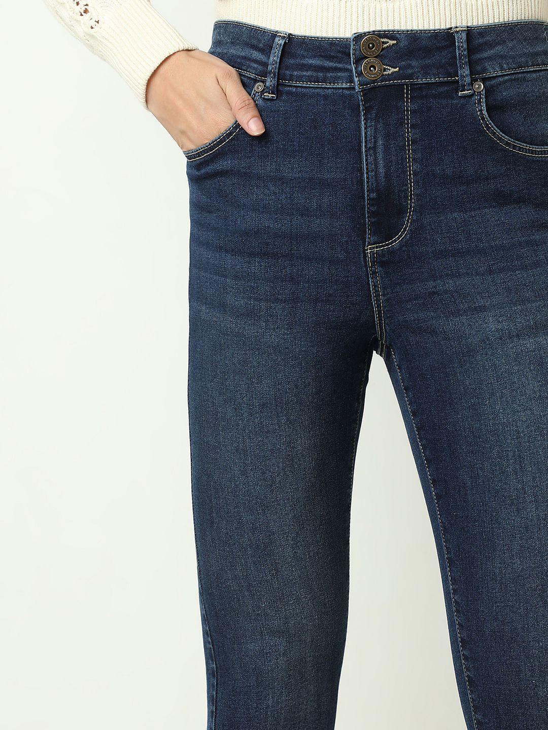 Blue High Rise Double Button Slim Jeans