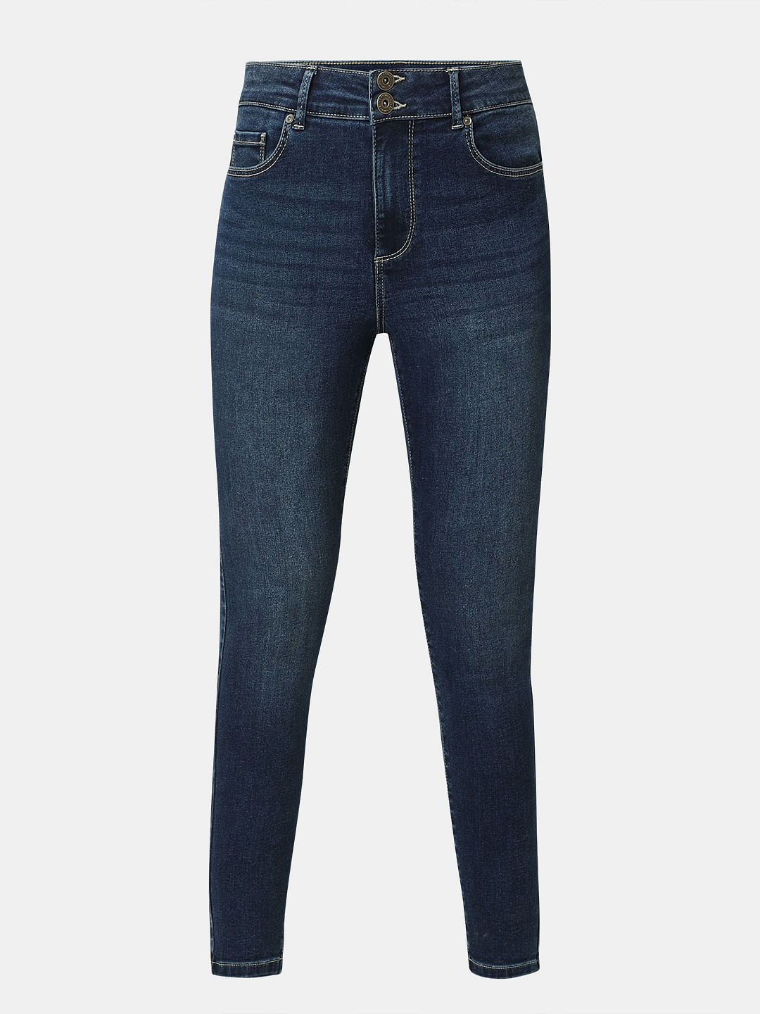 Blue High Rise Double Button Slim Jeans