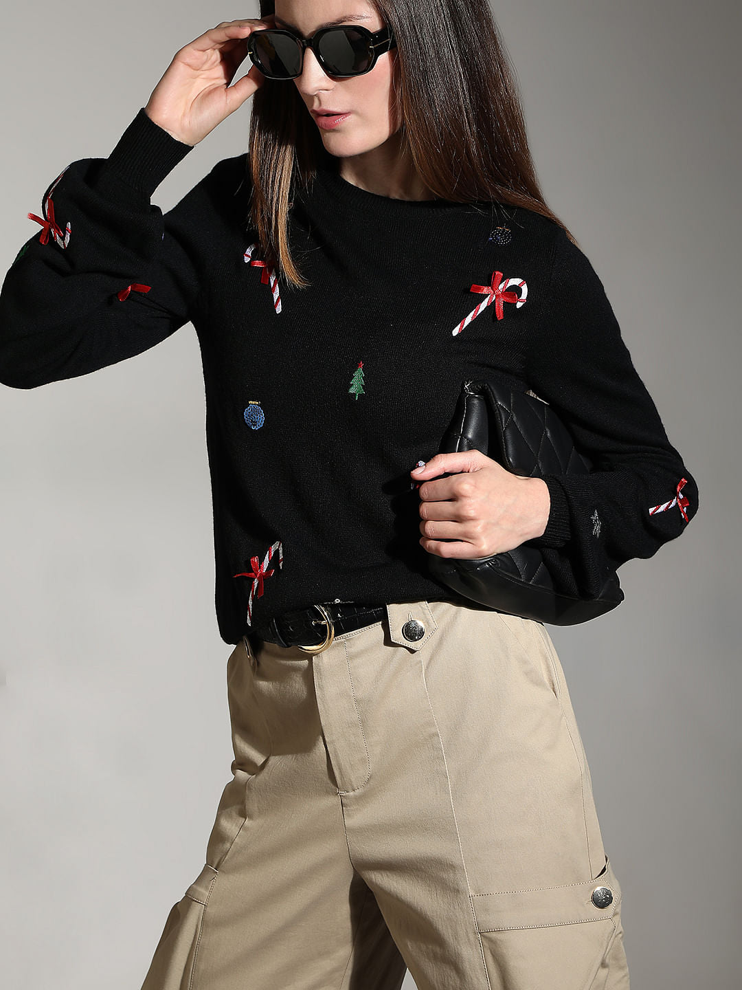 Black Christmas Print O-Neck Pullover