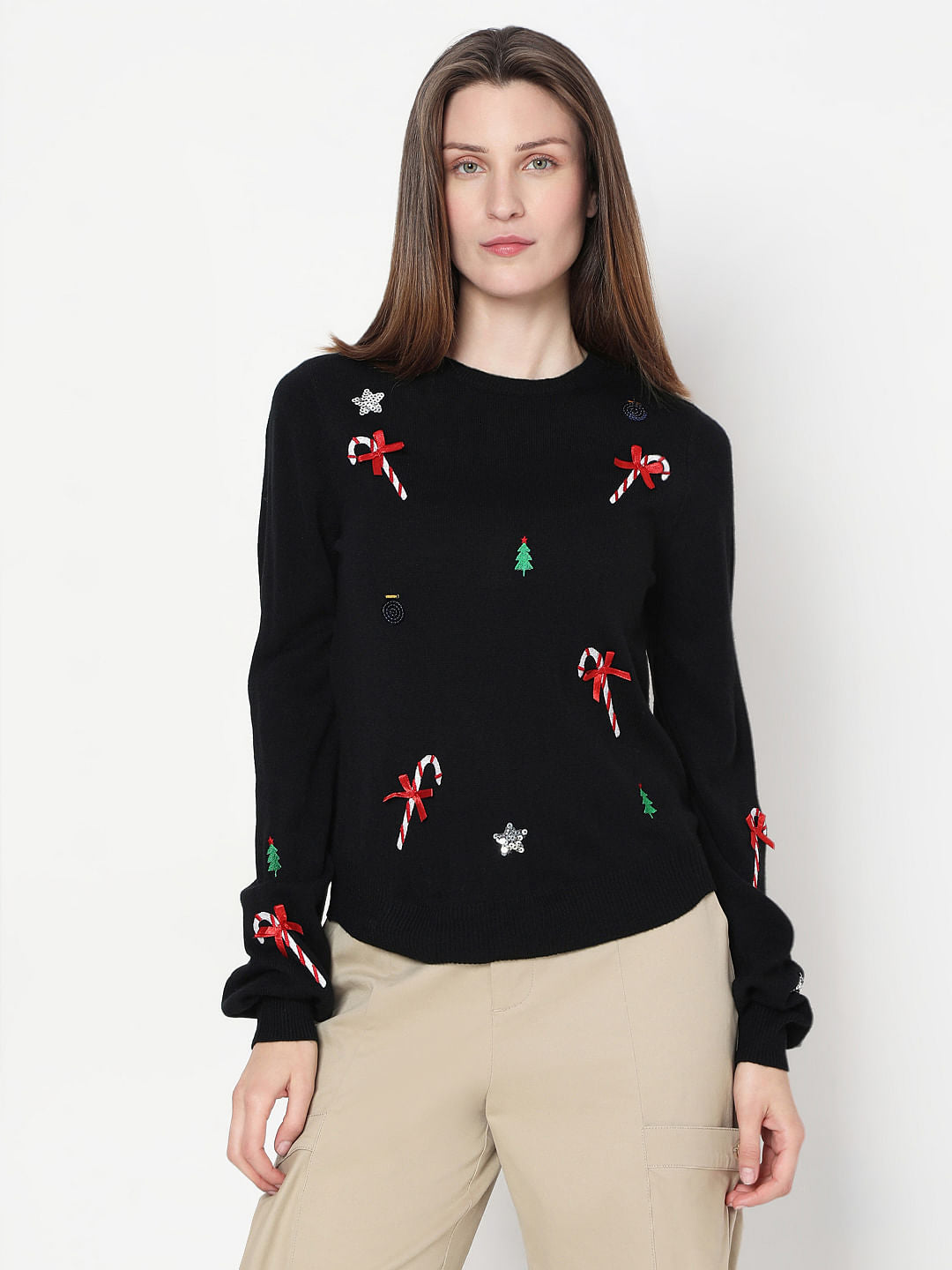 Black Christmas Print O-Neck Pullover