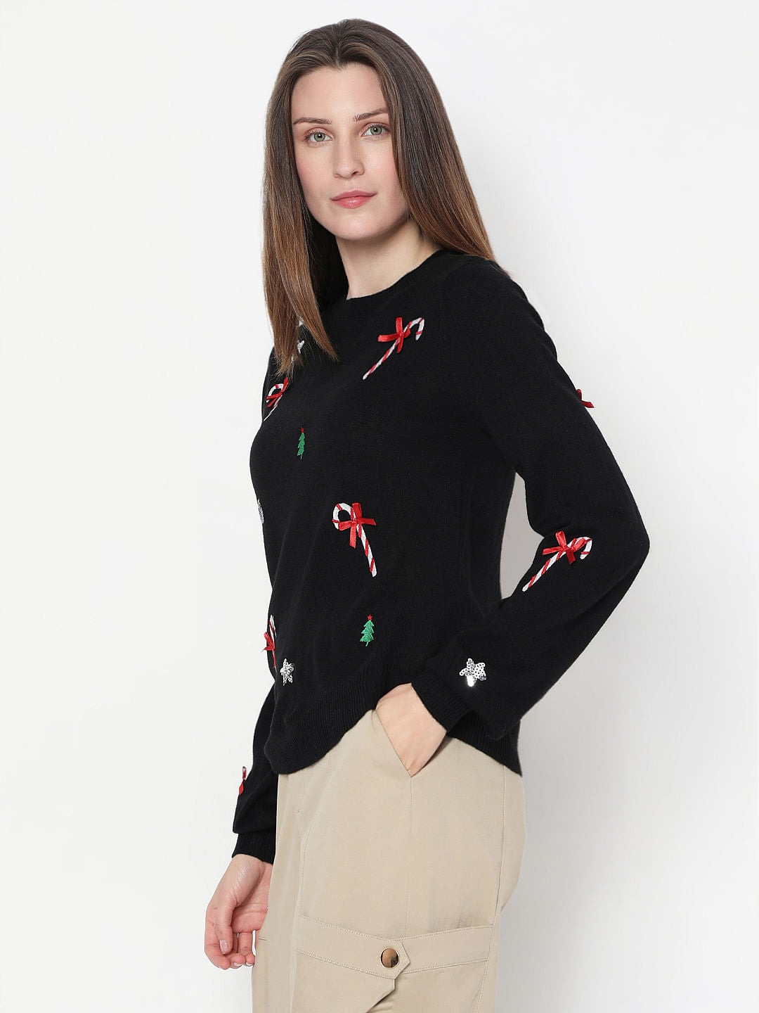 Black Christmas Print O-Neck Pullover