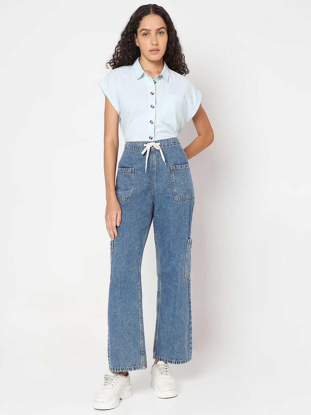 Shoelace Drawstring Wide Cargo Jeans