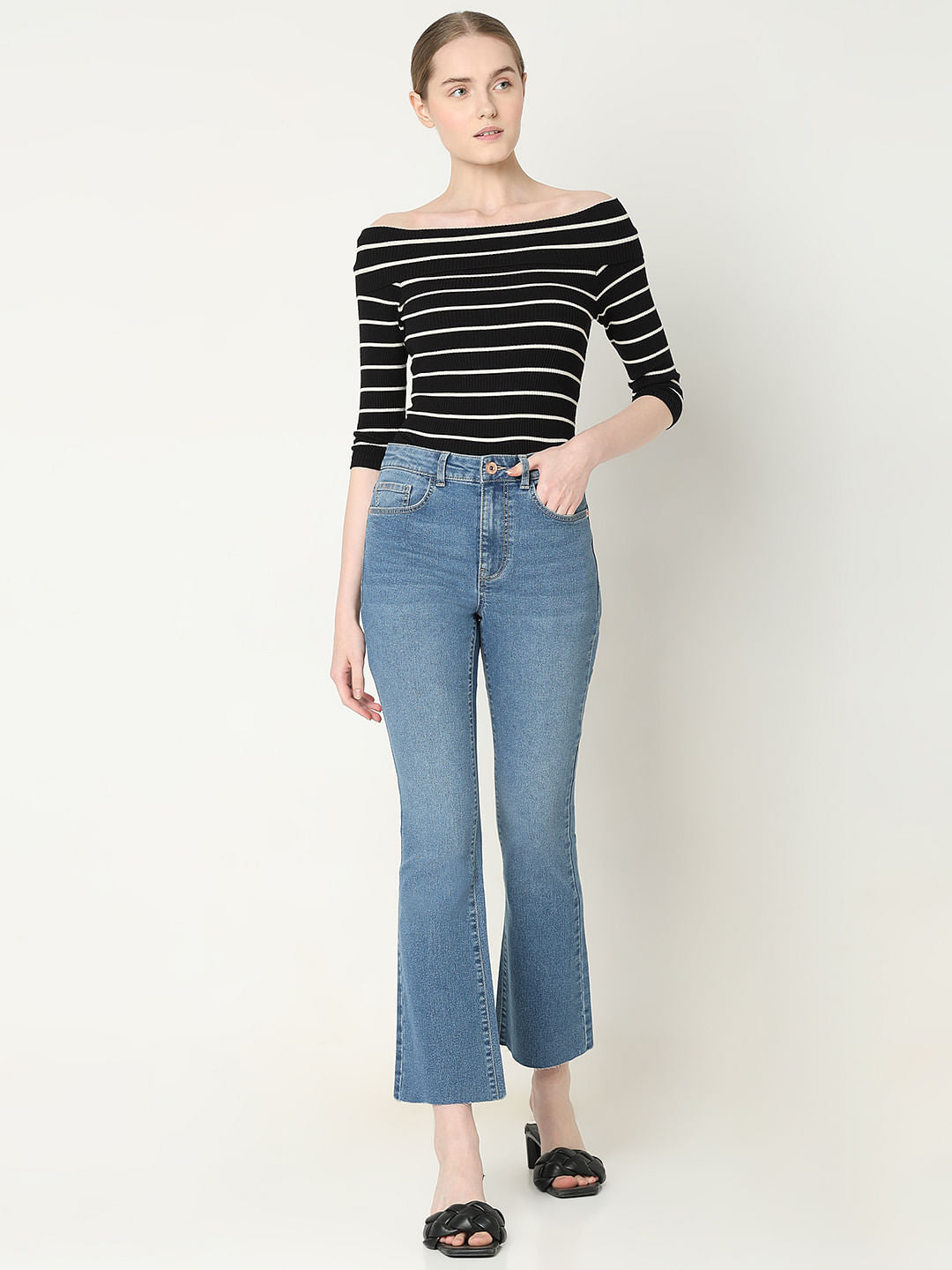 Blue Mid Rise Flared Jeans