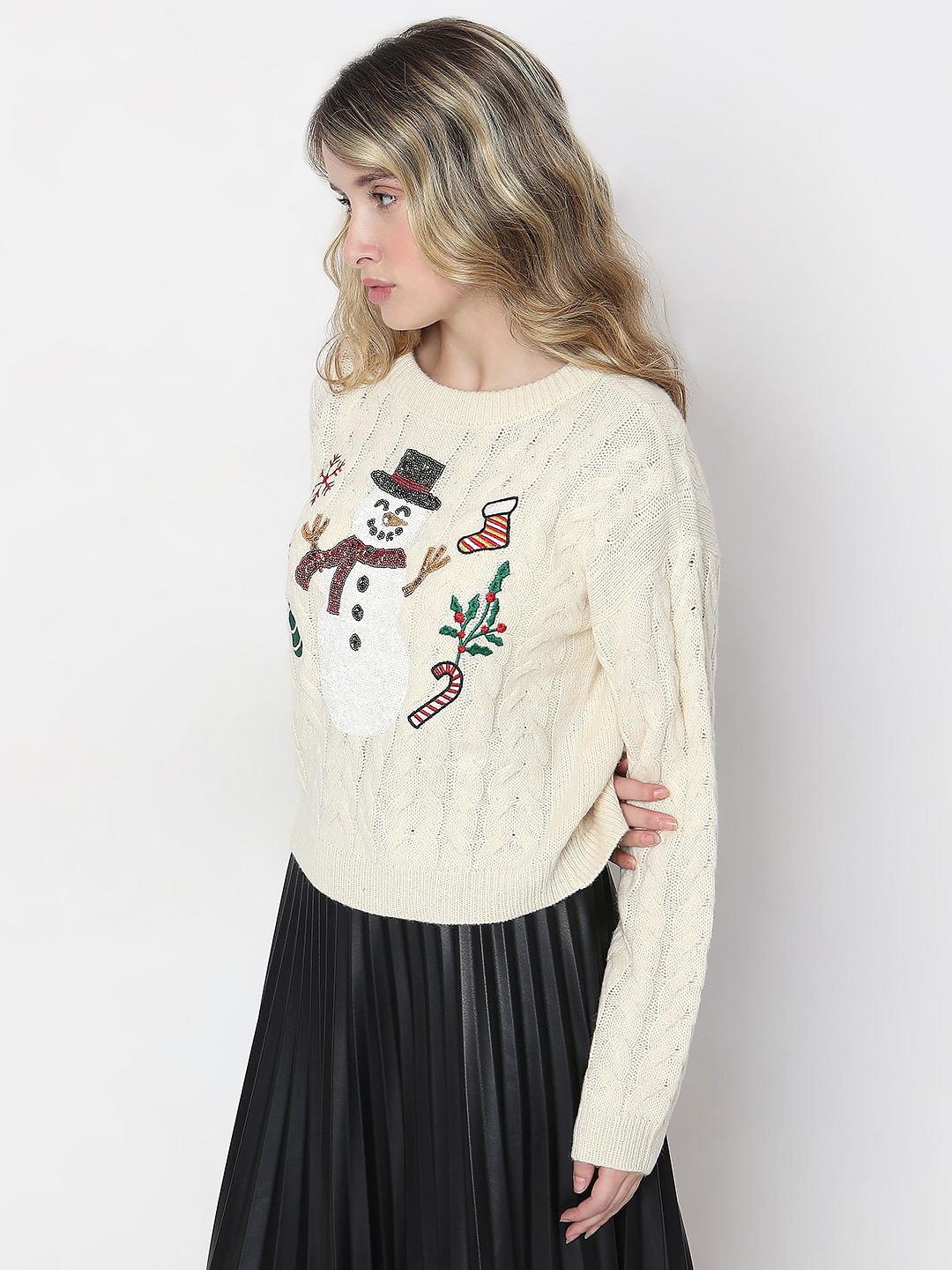 Beige Snowman Cable Knit Pullover