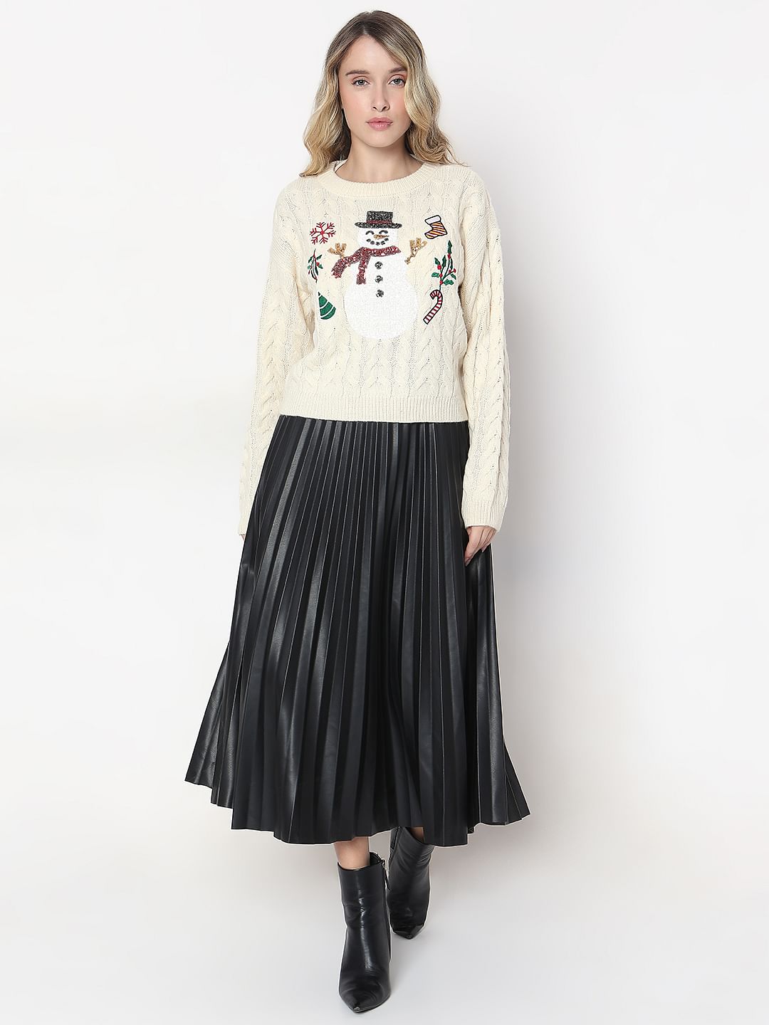 Beige Snowman Cable Knit Pullover