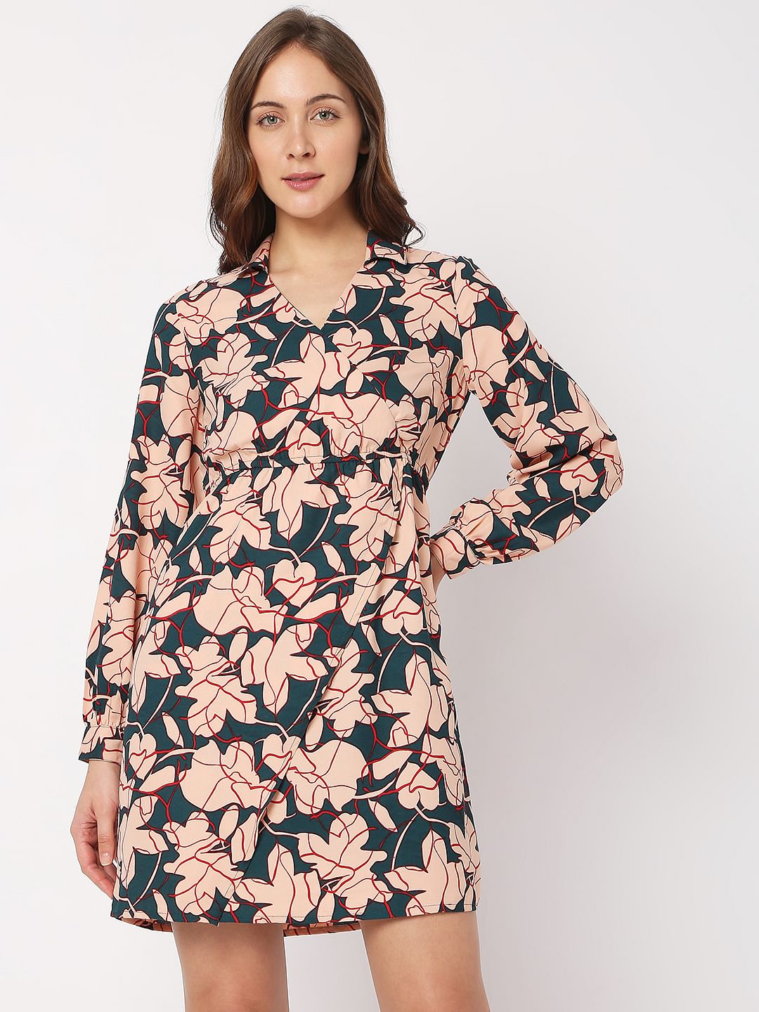 Teal Floral Wrap Mini Dress