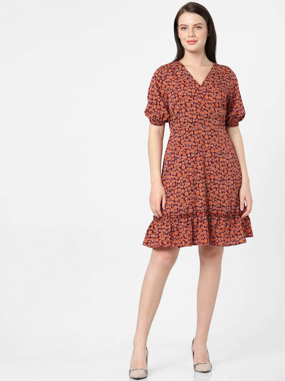 Brown Printed Fit & Flare Dress