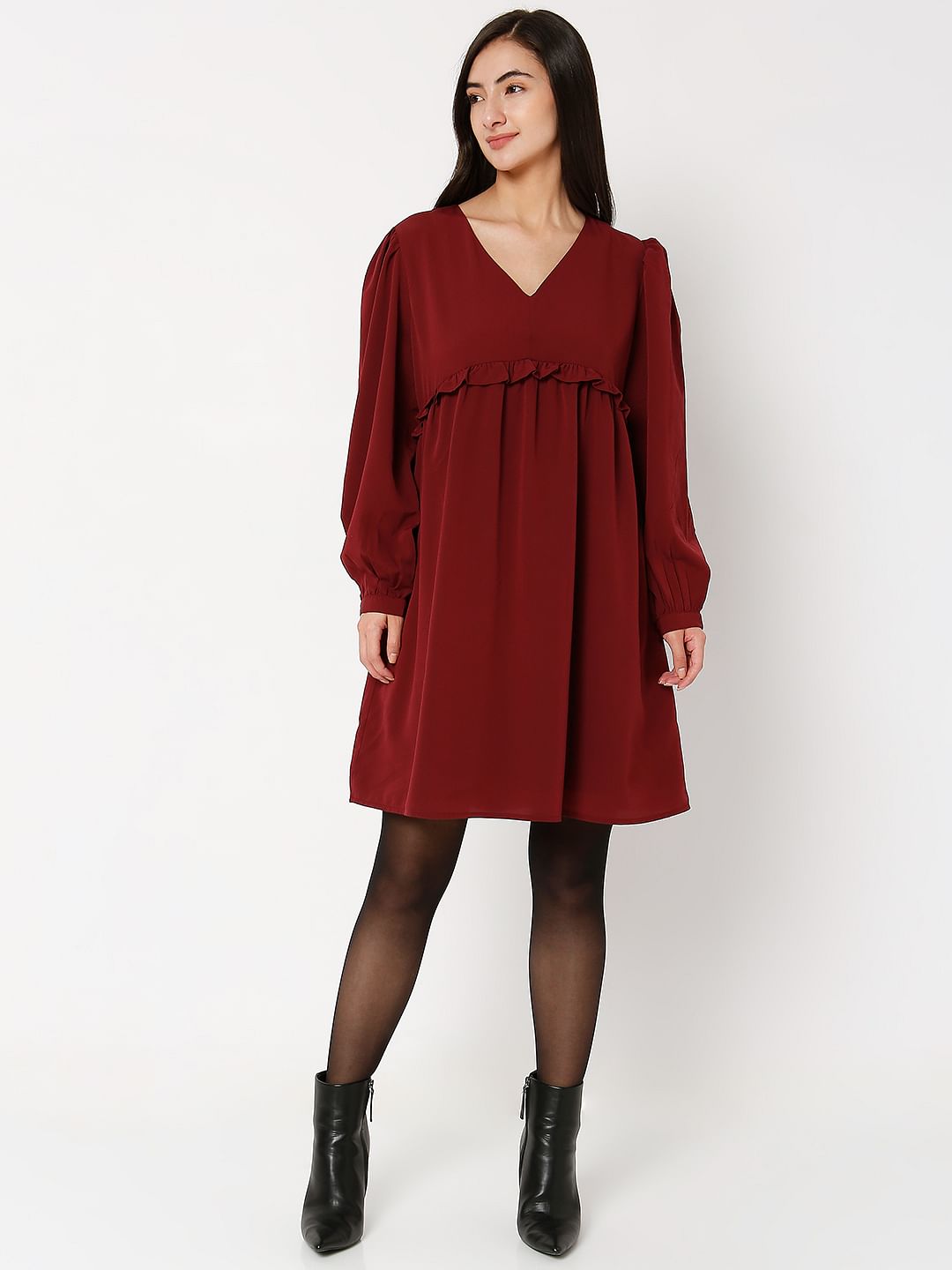 Wine V-Neck Shift Dress