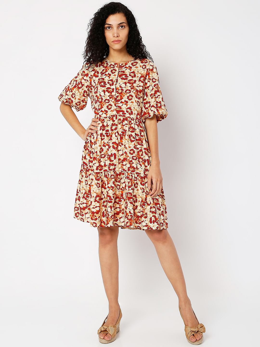 Orange Floral Print Shift Dress