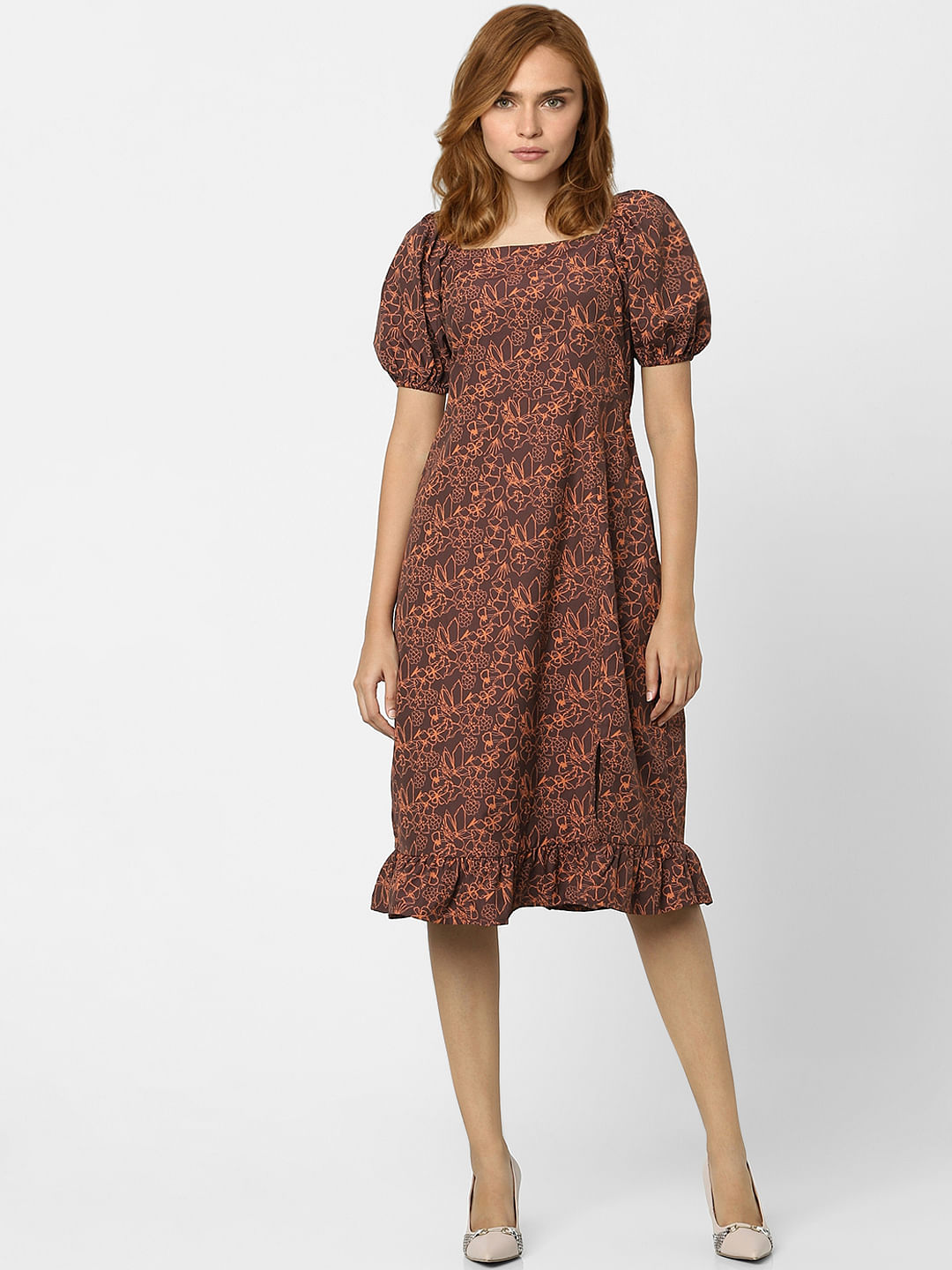 Coffee Brown Floral Midi Dress