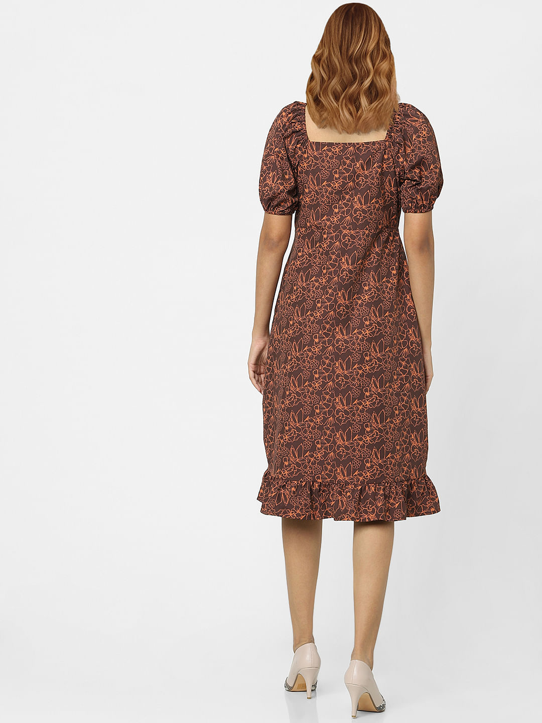 Coffee Brown Floral Midi Dress