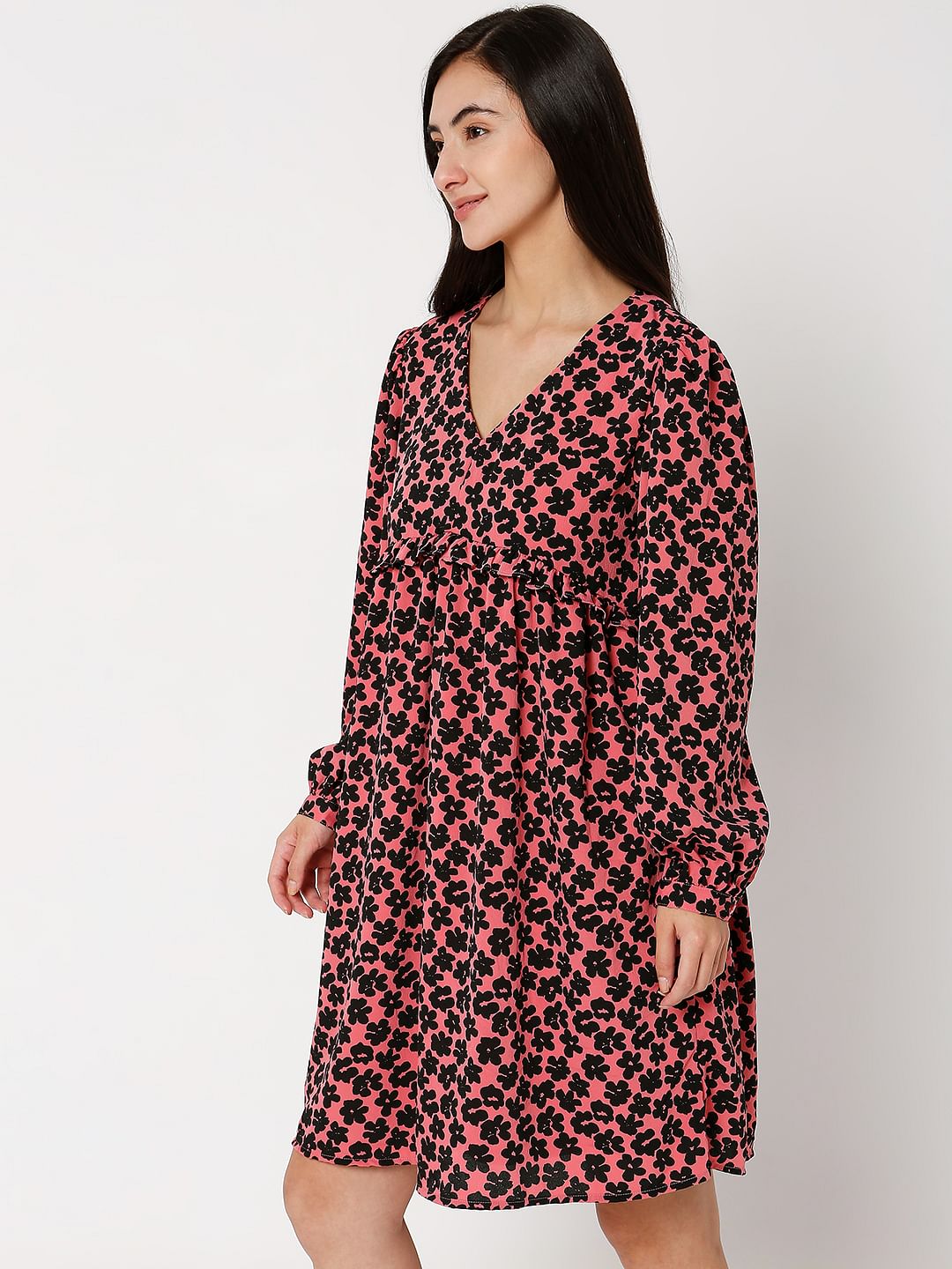 Pink Floral V-Neck Shift Dress