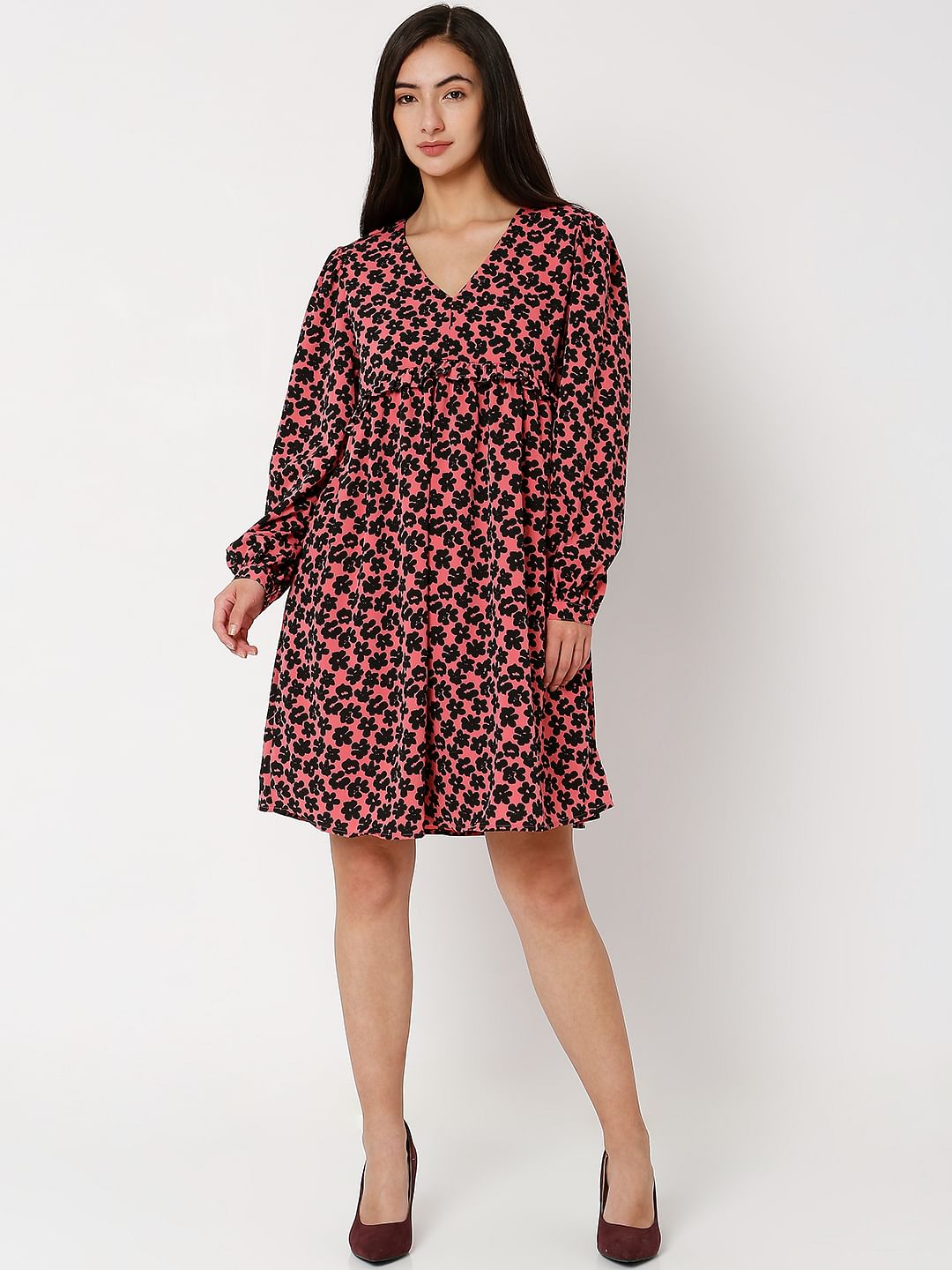 Pink Floral V-Neck Shift Dress