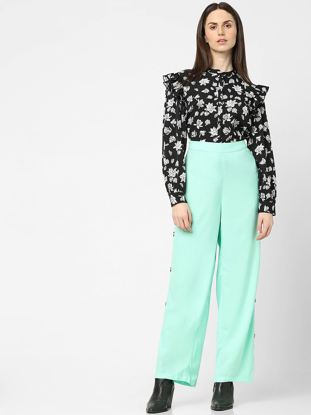 Green High Rise Flared Pants