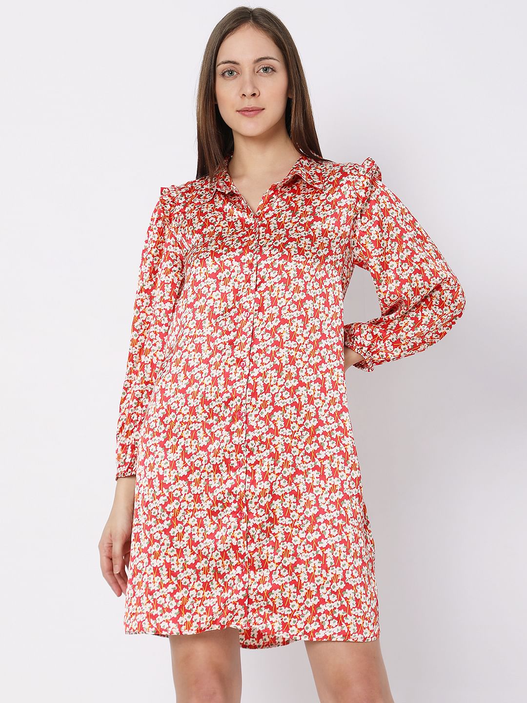 Red Floral Shirt Dress