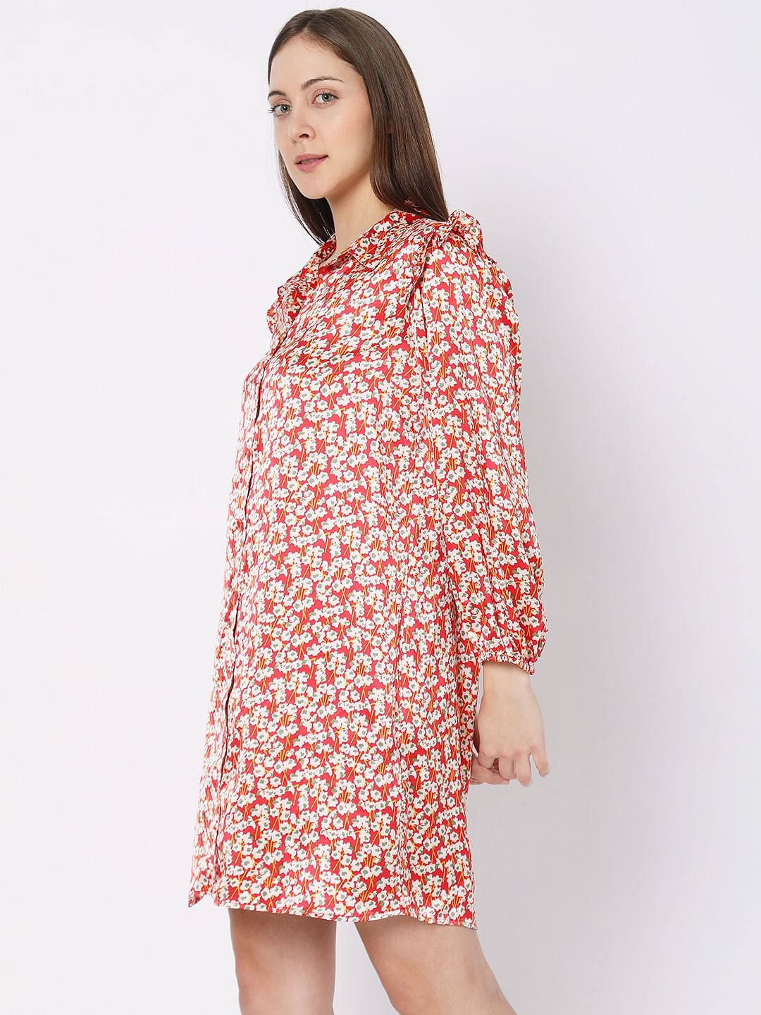 Red Floral Shirt Dress