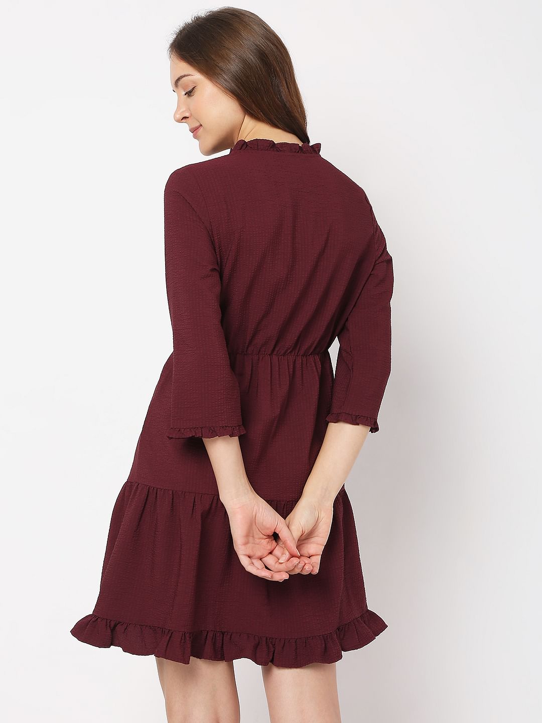 Wine Mock Wrap Shift Dress