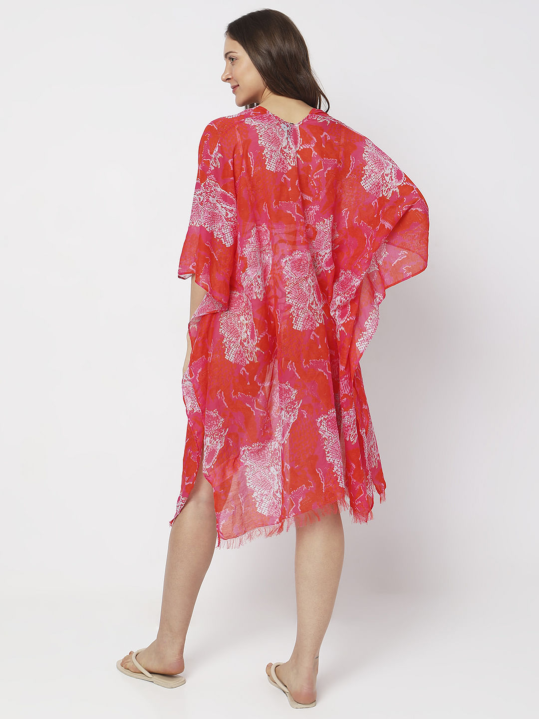 Coral Pink Abstract Print Poncho