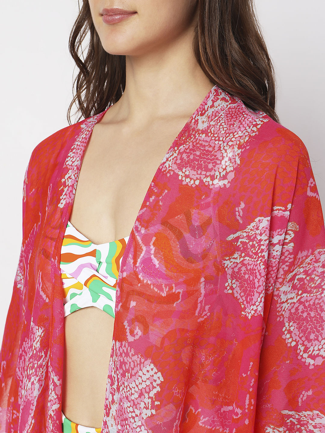 Coral Pink Abstract Print Poncho