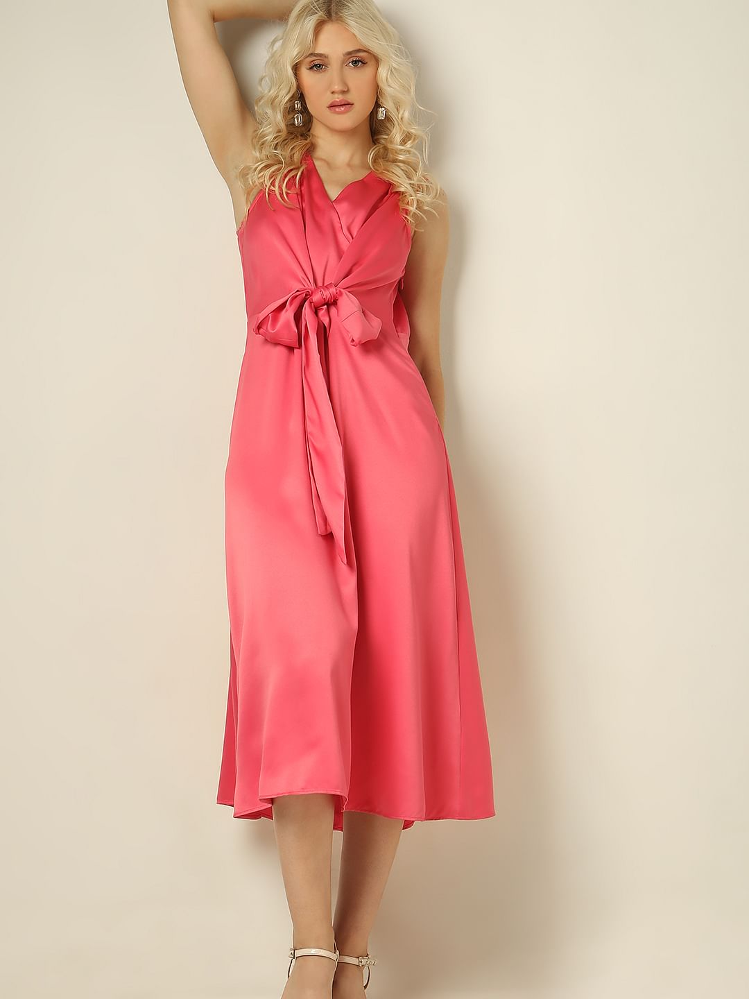 Pink Satin Midi Dress