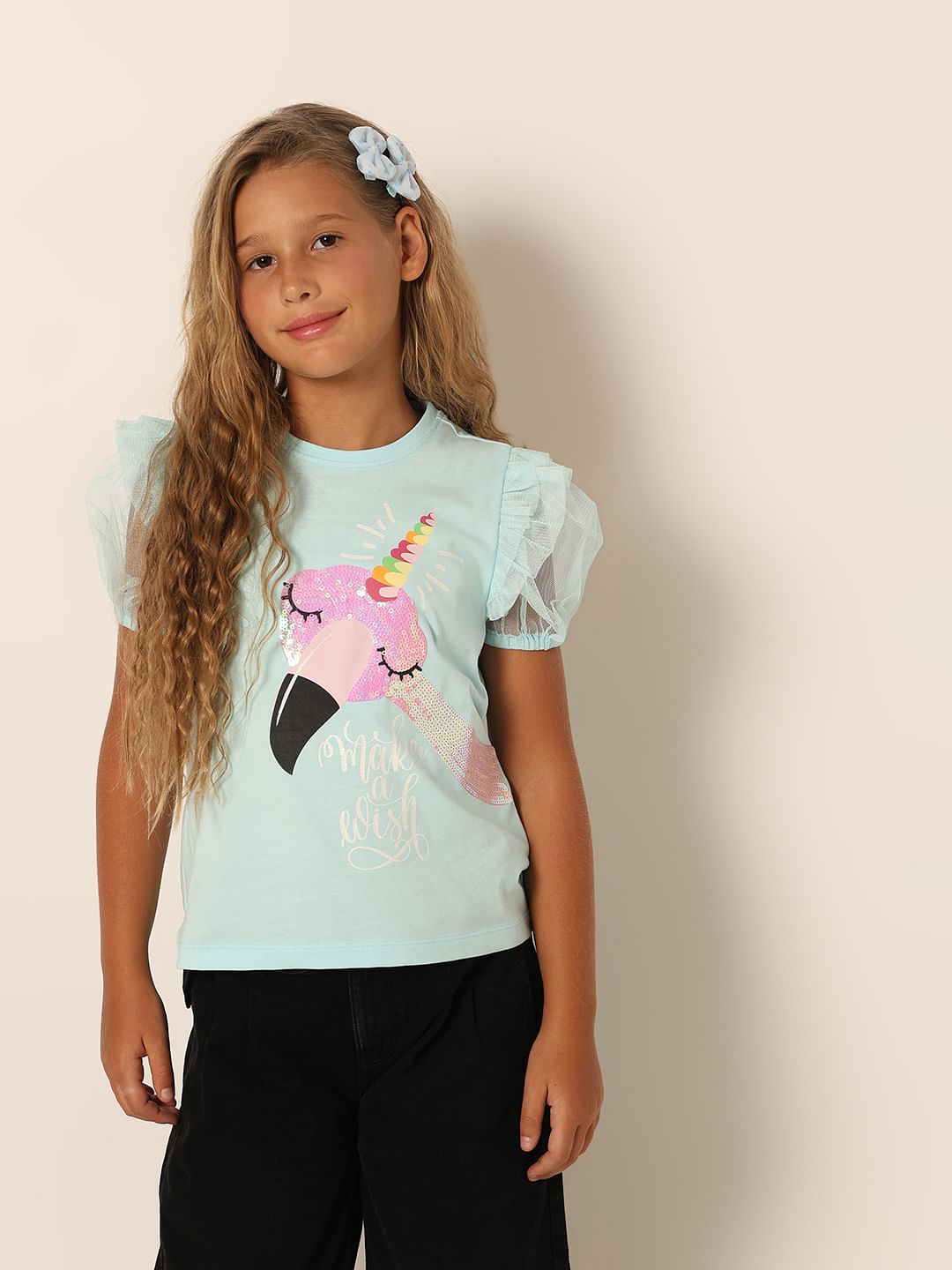 Girls Blue Sequin Graphic T-Shirt